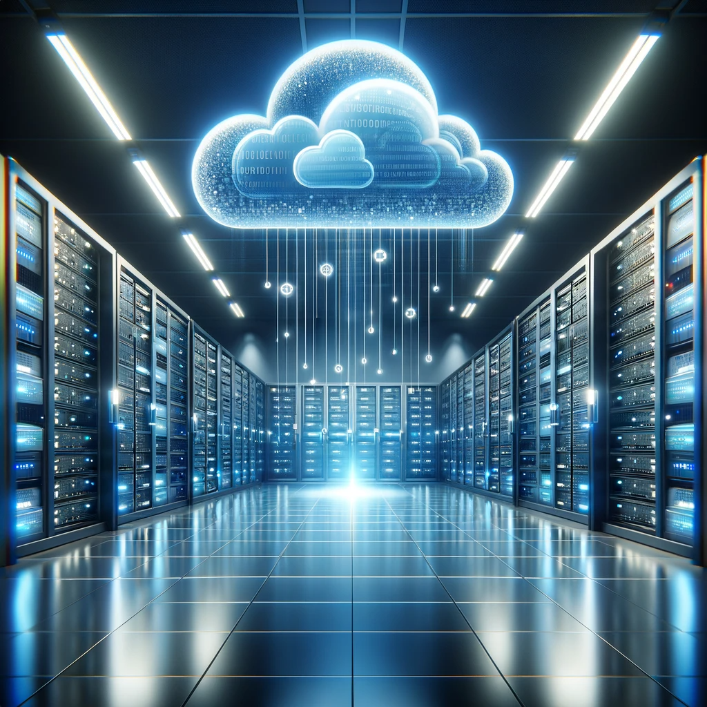 Concept of iCloud Storage, showcasing a futuristic data center with stylized clouds representing cloud storage.